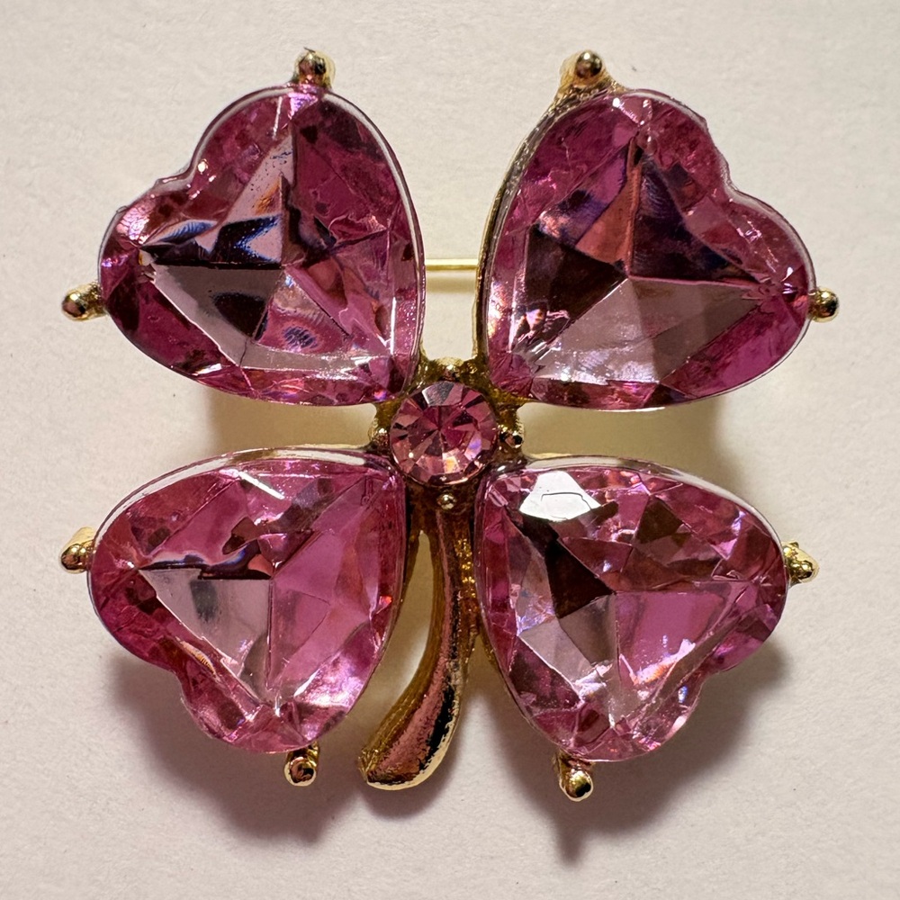 Vintage Pink Heart shaped four leaf Clover Brooch